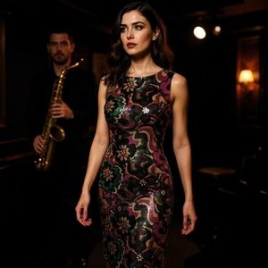 Misa Los Angeles Black and Pink Sheath Midi Dress